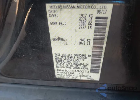 2017 Nissan Altima 2.5 Sr from USA, damaged, VIN 1N4AL3AP7HC490171